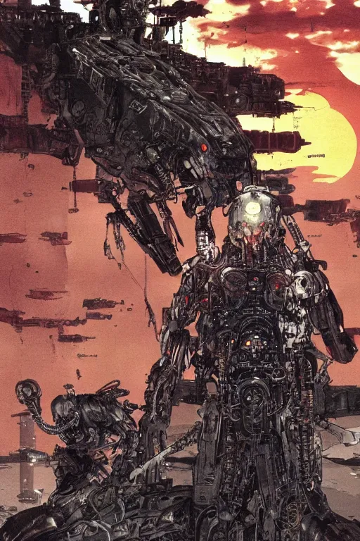 Image similar to cyborg bounty hunters at dusk, a color cover illustration by tsutomu nihei, tetsuo hara and katsuhiro otomo