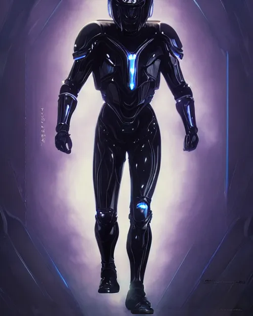 Image similar to character concept of iridescent sinewy smooth muscular male sleek glossy indigo black pearlescent onyx scifi armor with smooth black featureless tron helmet, by greg rutkowski, mark brookes, jim burns, tom bagshaw, magali villeneuve, trending on artstation