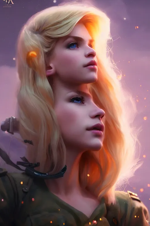 Image similar to cinematic shot of an epic portrait of a cute blonde fairy dressed in military clothes, stylised military clothes, shiny skin, beautiful eyes, beautiful, small details, night setting, realistic poster with volumetric light from craig mallism, artgerm, jeremy lipkin and michael garmash, unreal engine, radiant light, digital art, trends at art station, a masterpiece