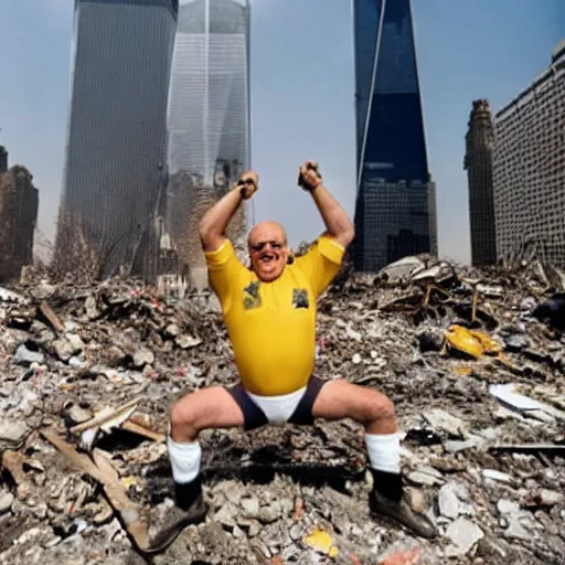 Image similar to a wide shot of a very drunk evil Rudy Giuliani squatting smiling wearing a yellow speedo on top of the world trade center rubble pile in new york