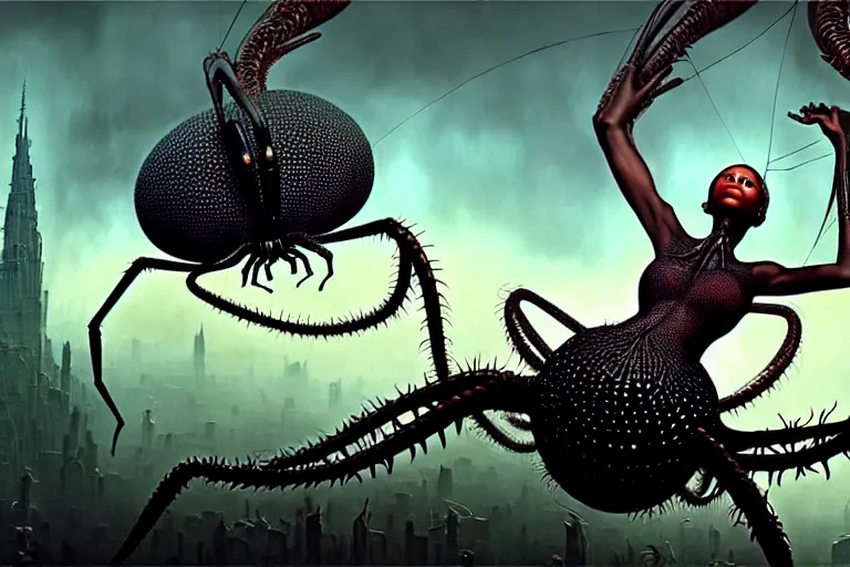 Image similar to realistic detailed photorealistic portrait movie shot of a beautiful black woman riding a giant spider, dystopian city landscape background by denis villeneuve, amano, yves tanguy, alphonse mucha, ernst haeckel, jean delville, david lynch, edward robert hughes, roger dean, cyber necklace, rich moody colours, cyber patterns, wide angle