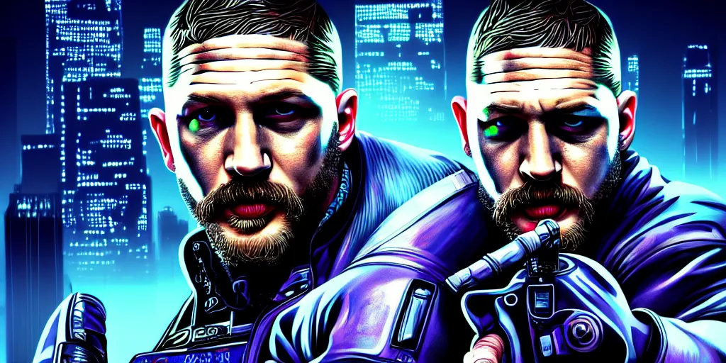 Image similar to Tom Hardy as in Cyber Punk 2077, highly detailed digital art , trending on artstation, high quality, highly detailed