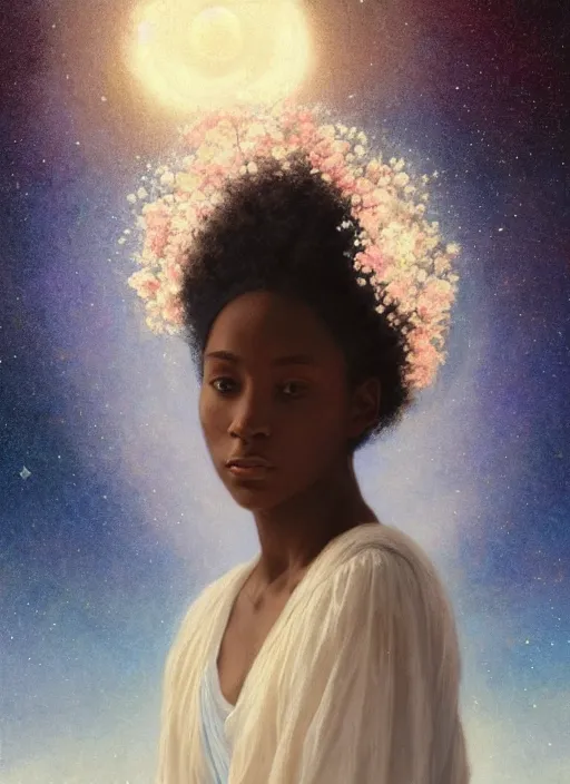 Prompt: oil painting close up portrait of a contemplative young black woman with long flowing hair in a white dress, with white roses, surrounded by colorful nebula stardust galaxies at sunset, hazy, digital art, chiaroscuro, artstation, cinematic, golden hour, concept art, digital art painting by greg rutkowski, william - adolphe bouguereau, hazy atmosphere, cinematic lighting