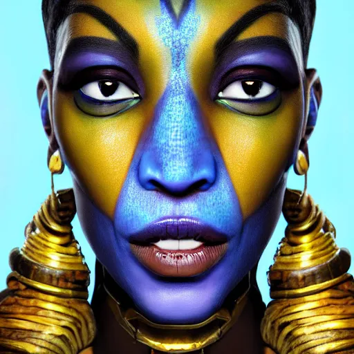 Prompt: An epic fantasy comic book style portrait painting of a very beautiful Nafi Thiam as Neytiri in Avatar (2009) character design by Mark Ryden and Pixar and Hayao Miyazaki, unreal 5, DAZ, hyperrealistic, octane render, cosplay, RPG portrait, dynamic lighting, intricate detail, summer vibrancy, cinematic