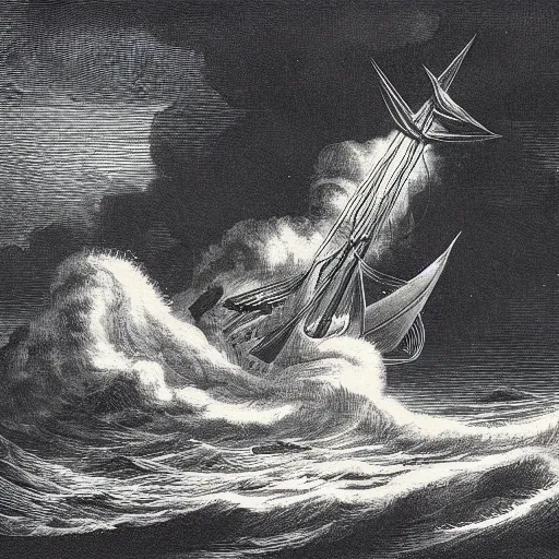 Image similar to large ship being tossed about in a fierce storm in the sea, dark, low light, terrifying, beautiful, john tenniel illustration