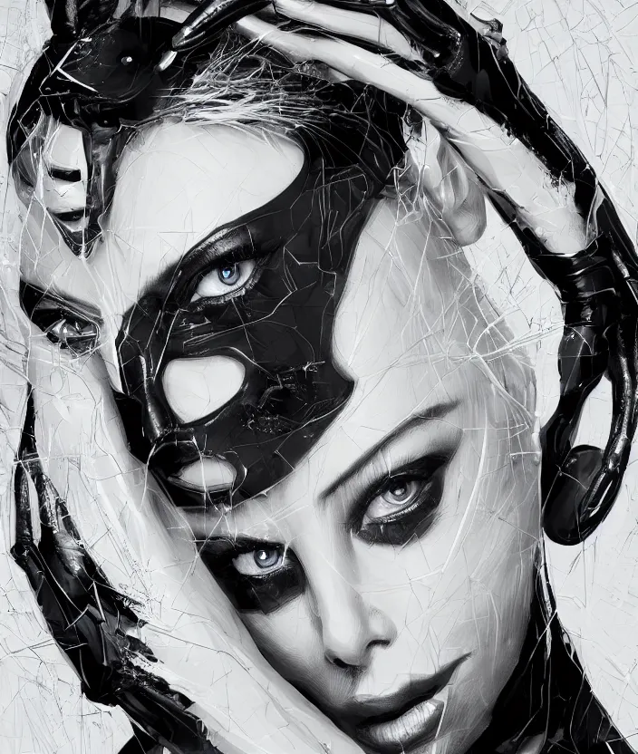 Image similar to portrait of charlize theron as a catwoman. intricate abstract. intricate artwork. by tooth wu, wlop, beeple, dan mumford. octane render, trending on artstation, greg rutkowski very coherent symmetrical artwork. cinematic, hyper realism, high detail, octane render, 8 k, iridescent accents.