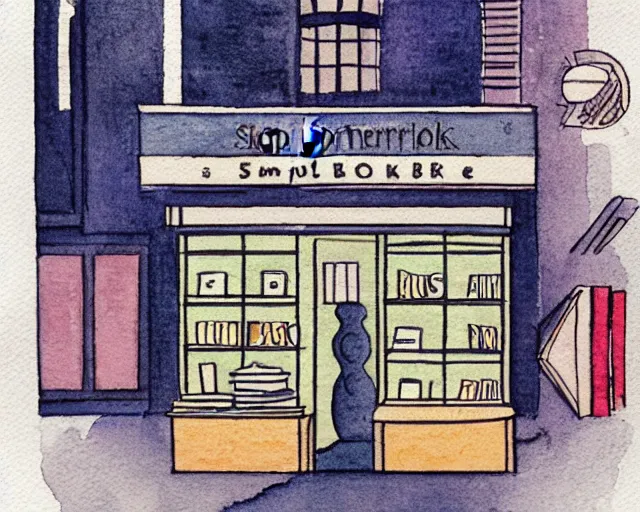 Prompt: small bookstore simple geometric watercolor painting in the style of george barbier