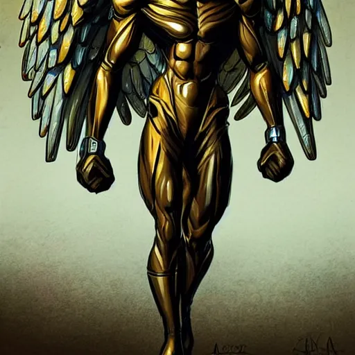 Image similar to A tall and muscular African man with a golden angel wearing nanosuit from Crysis the game in capital hill. illustration concept art in the style of Arthur Adams