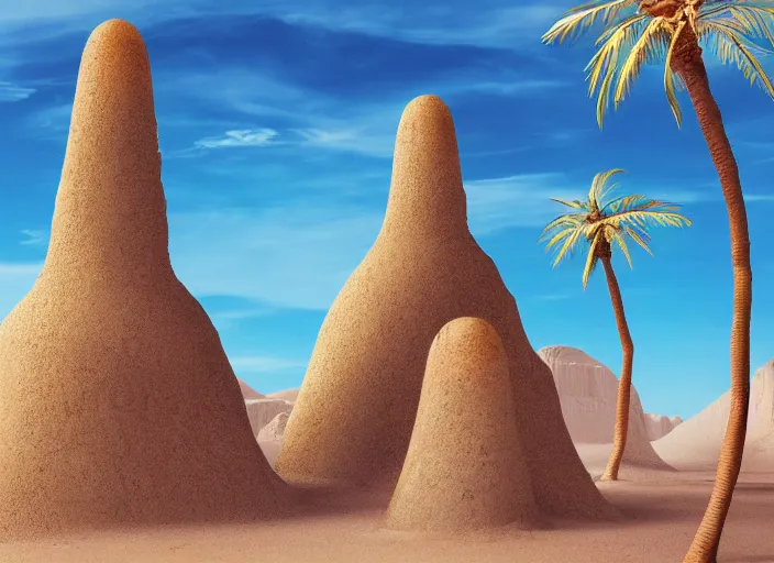 Prompt: cover concept art of the lost sand city, levitating rock piles, golden towers, golden pillars, palm trees, space and time, floating objects, post-processing, in the style of Hugh Ferriss, Behance, Artgerm. High detail, ultra realistic render, octane, 3D, photorealism, symmetric, cinematic