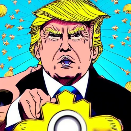 Image similar to Donald trump in JoJo’s bizarre adventure manga, the menacing symbols can be seen above his head