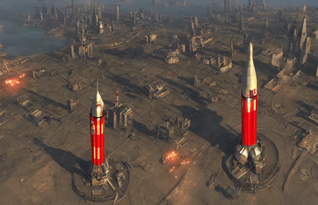 Prompt: space rocket as kremlin tower, comes off the ground, command and conquer red alert 2 0 2 4 remaster, graphics mod, unreal engine 5, insanely detailed, raytracing, octane, unreal engine, trending on artstation