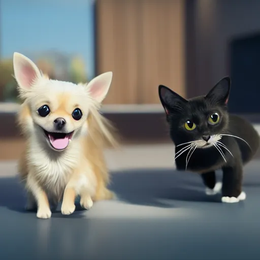 Image similar to an adorable blond long haired chihuahua playing with a cute black cat : : in the style of pixar : : octane render, unreal engine 5, cinematic lighting, cinematic depth of field