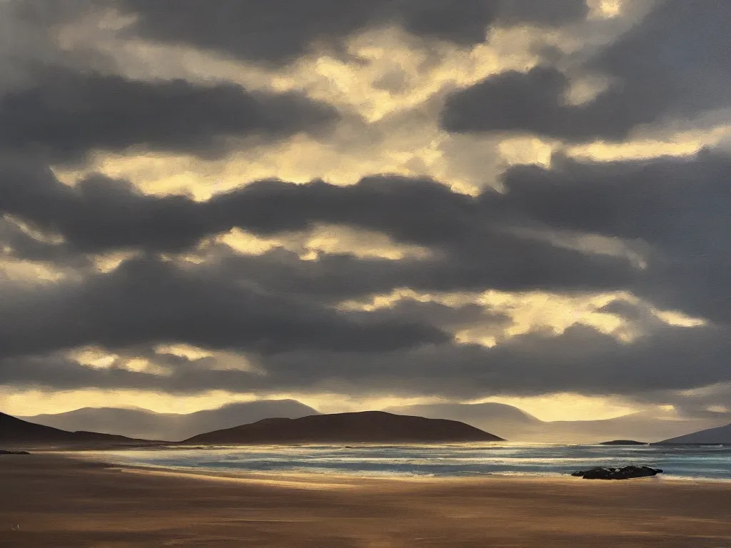 Image similar to beautiful oil painting of dramatic light over Luskentyre beach, Isle of Harris Scotland, beautiful composition, artstation