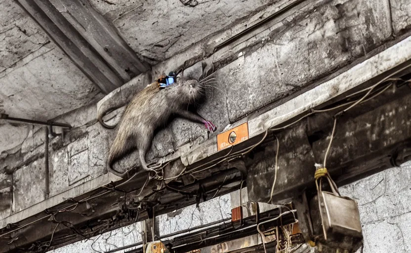 Prompt: giant rat sitting on railways of tonnel of moscow subway. extreme high detail. photo by russos.
