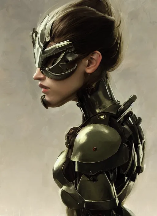 Image similar to a professional painting of a beautiful young female, clothed in military armor, olive skin, long dark hair, beautiful bone structure, symmetrical facial features, intricate, elegant, digital painting, concept art, smooth, sharp focus, illustration, from Metal Gear, by Ruan Jia and Mandy Jurgens and Artgerm and William-Adolphe Bouguerea