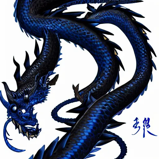 Prompt: a majestic black and blue japanese dragon, hd, 4k, trending on artstation, award winning, 8k, 4k, 4k, 4k, very very very detailed, high quality digital art