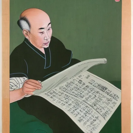 Image similar to painting of a japanese balding man with gray hair, holding a newspaper and looking up at his room with green hue