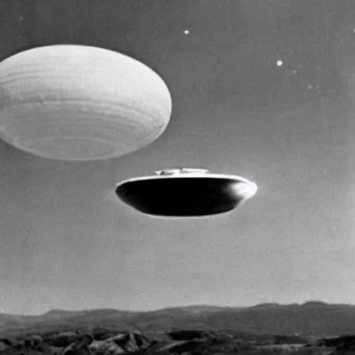 Image similar to in the style of 1 9 5 0 s, a real footage of a scary ufo in the sky, people are running away