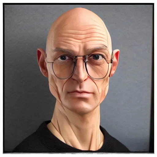 Prompt: A middle-aged Dr. Venture in real life with a hooked nose, a long gaunt face and skinny body and neck, very thin and bald, realistic, very realistic, hyperrealistic, highly detailed, very detailed, extremely detailed, detailed, digital art, oil painting, trending on artstation, headshot and bodyshot, detailed face, very detailed face, extremely detailed face, HD Quality, 8k resolution, very very detailed face, real life