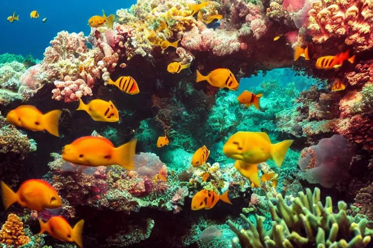Prompt: photo of a baby cat scuba diving and chasing a school of fish above colorful coral reefs, award - winning photograph, national geographic, 8 k uhd, excellent lighting