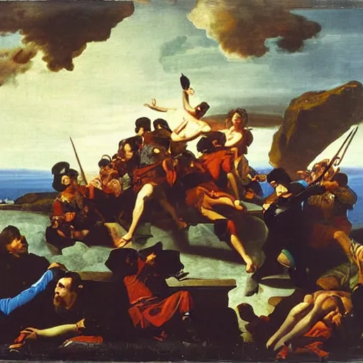 Prompt: stout cortez with eagle eyes stared at the pacific and all his men looked at each other with a wild surmise silent, upon a peak in darien, by jean deville, by valentin du boulogne, oil on canvas