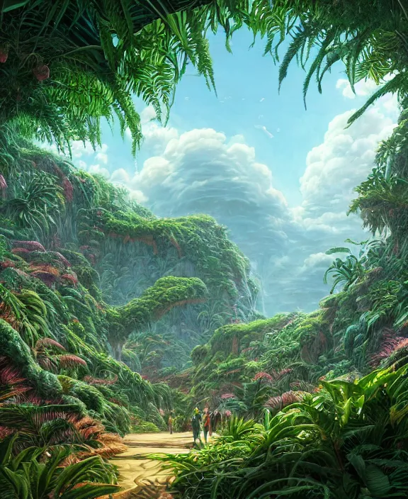 Image similar to an enormous conservatory made from exotic fungus, overgrown with huge weird ferns, on an ocean cliff side, noon, sun drenched, partly cloudy, by dan mumford, yusuke murata, makoto shinkai, ross tran, cinematic, unreal engine, cel shaded, featured on artstation, pixiv