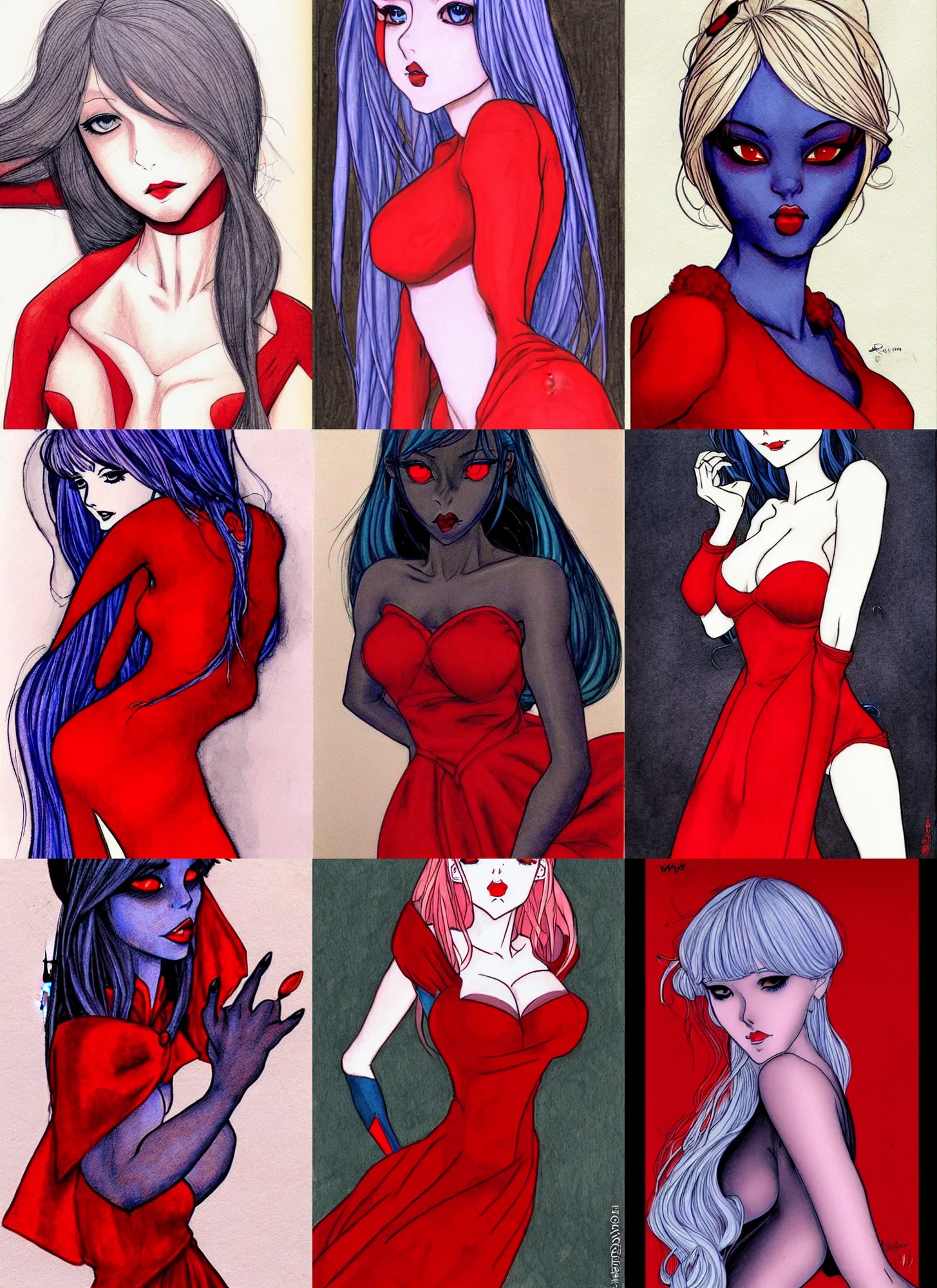 Prompt: drow princess wearing red dress! milo manara, french comic art, semi - realistic anime, portrait, beautiful face, symmetrical face, trending on pixiv, detailed, clean lines, sharp lines, crisp lines, award winning illustration, masterpiece, 4 k