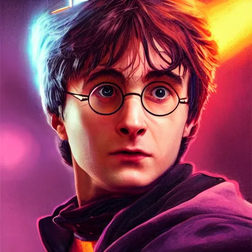 Image similar to closeup portrait of Harry Potter with faciap in cyberpunk, neon lighting, holding laser wand, digital art from artstation by Ruan Jia and Mandy Jurgens and Artgerm and william-adolphe bouguereau and Greg Rutkowski and Wayne Barlowe