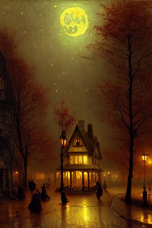 Image similar to detailed painting of a victorian living capsule architecture, spooky night scene, moon stars, autumn trees, street lights, filigree ornaments, andreas achenbach