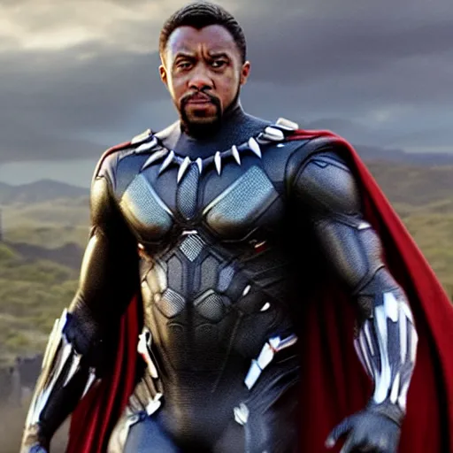 Image similar to cinematic film still of Ryan Gosling as Black Panther wearing his armour without the helmet in Avengers: Endgame