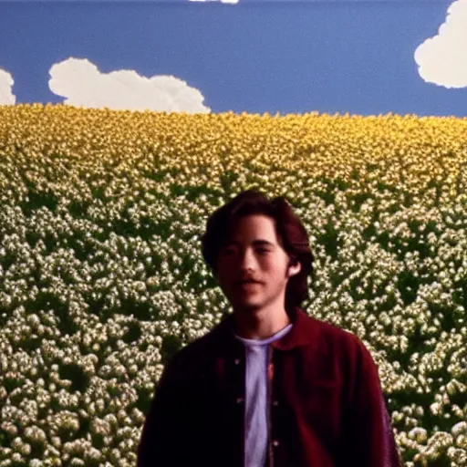 Prompt: man stands on a meadow made of popcorn, studio ghibli