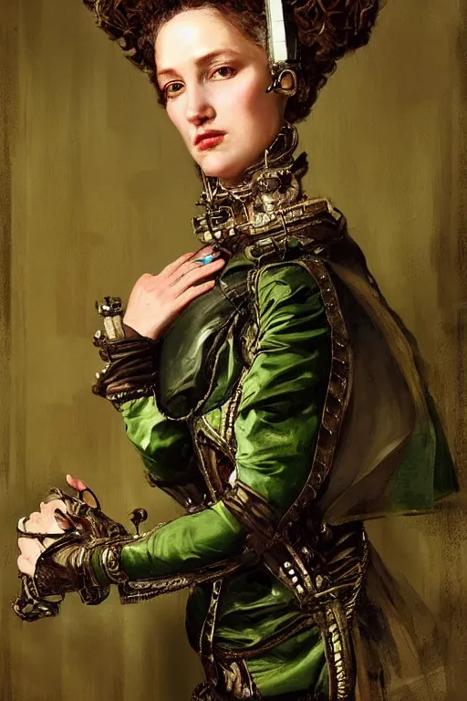 Image similar to portrait, headshot, digital painting, of a old 17th century, beautiful lady cyborg merchant, dark hair, amber jewels, dark green satin clothes, baroque, ornate clothing, scifi, futuristic, realistic, hyperdetailed, chiaroscuro, concept art, art by waterhouse and witkacy