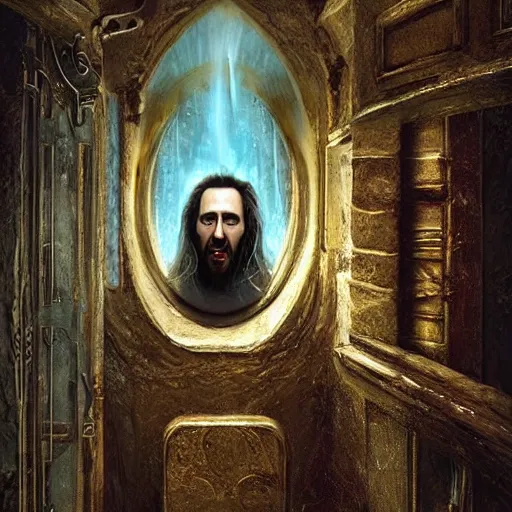 Prompt: michal karcz surrealism painting of the Nicholas Cage as an all seeing God. His eyes are watching everything. , horror theme, detailed, elegant, intricate, 4k,