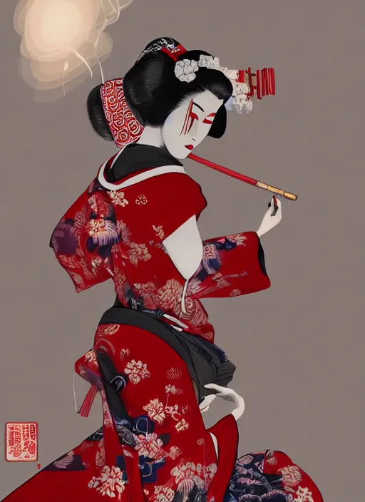 Image similar to geisha dressed witha kimono of smoke, fluent composition, red and white neon, concept art, ambient light, 4 k, intricate details, highly professionally detailed, cgsociety, highly detailed -