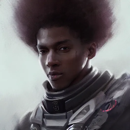 Image similar to portrait of a man by greg rutkowski, he is about 2 0 years old, afrojapanese, afro hair, young, very tall and slender, he is wearing a futuristic police gear, highly detailed portrait, digital painting, artstation, concept art, smooth, sharp foccus ilustration, artstation hq