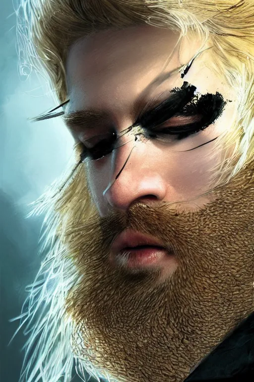 Image similar to blonde wild hair man with a little beard, one black eye - patch, close - up portrait, powerfull, intricate, elegant, volumetric lighting, scenery, digital painting, highly detailed, artstation, sharp focus, illustration, concept art, ruan jia, steve mccurry