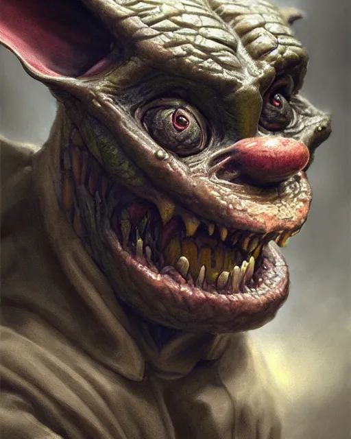 Image similar to closeup profile face portrait of a medieval goblin eating cakes in the cathedral, beautiful face, hyper realistic, highly detailed, digital painting, artstation, illustration, concept art by hyung tae, frank frazetta, bosch, giger, digital paint, matte paint, washed colors, dark, gloomy, detailed and intricate environment