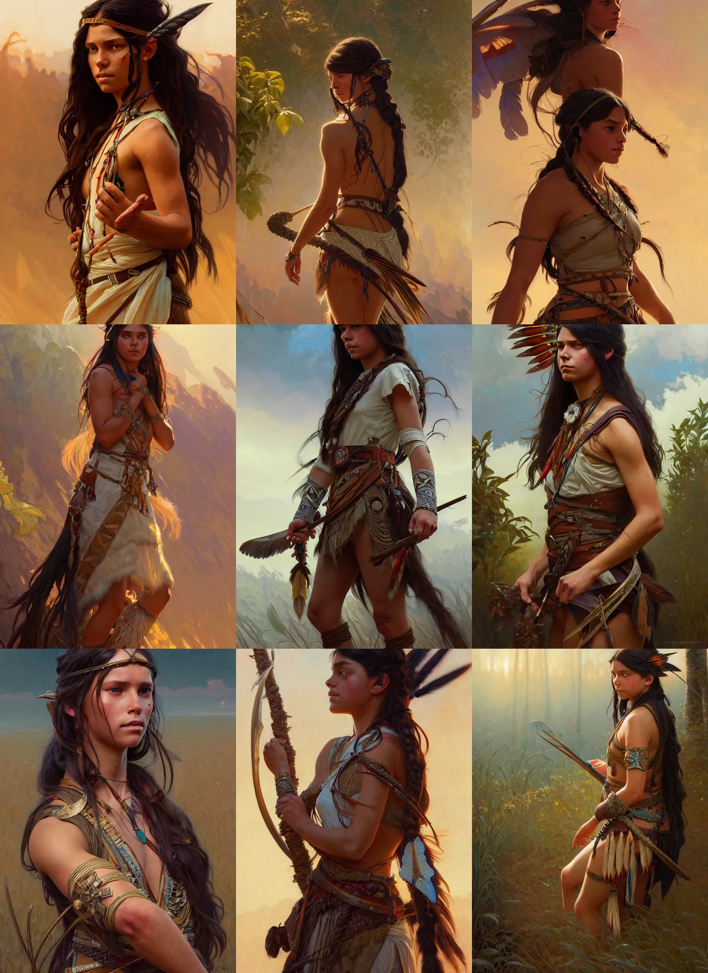 Prompt: depiction of a battle ready barefoot native american girl, d & d, fantasy, intricate, elegant, highly detailed, digital painting, artstation, concept art, smooth, sharp focus, illustration, art by artgerm and greg rutkowski and alphonse mucha