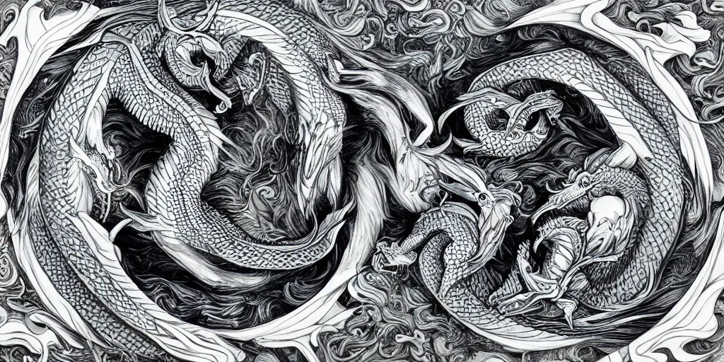 Image similar to realistic scene of dragons as ying yang, golden, delicate, hyper realism, 1 4 5 0, ink, ultra realistic, 8 k