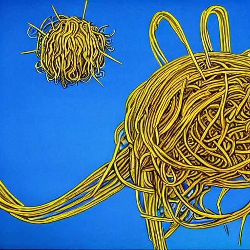 Prompt: flying spaghetti monster, by alex gray, touched by his noodly appendage