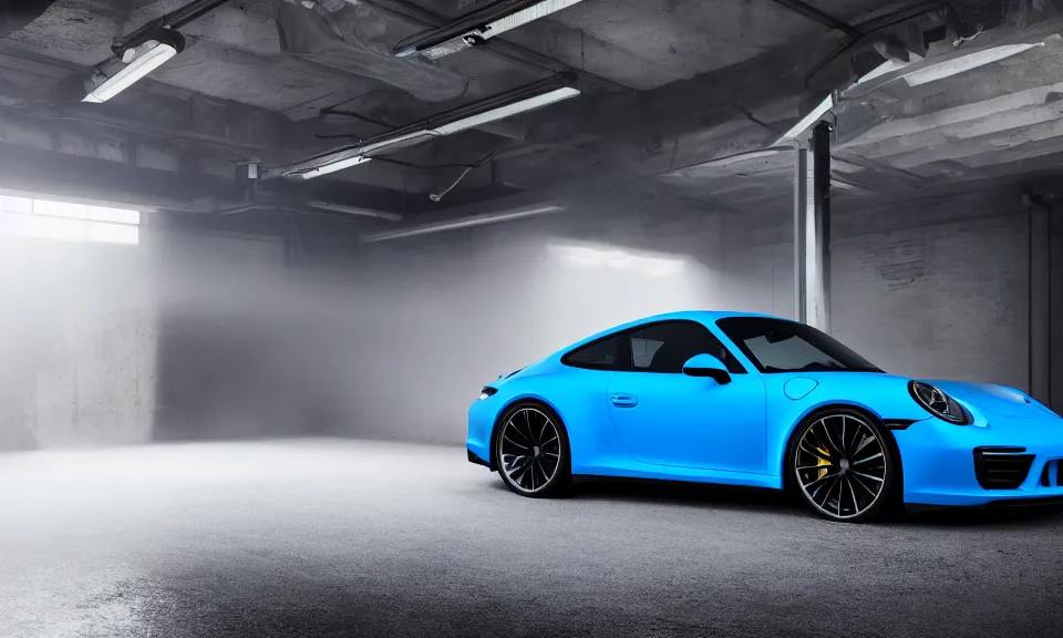 Prompt: photograph of a blue porsche 911 standing in a garage, centered, mist, volumetric light, cinematic lighting, octane render, 4k, ultra realistic, reflections, cinematic