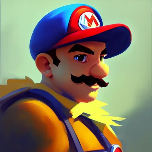 Image similar to Greg Manchess portrait painting of Super Mario as Overwatch character, medium shot, asymmetrical, profile picture, Organic Painting, sunny day, Matte Painting, bold shapes, hard edges, street art, trending on artstation, by Huang Guangjian and Gil Elvgren and Sachin Teng