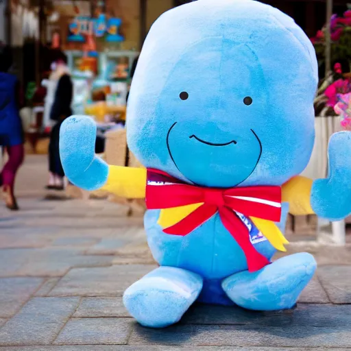 Image similar to blue'snappy gifts'human - sized plush doll, on sidewalk, holding gift, happy atmosphere, high detail, soft lighting, 8 k