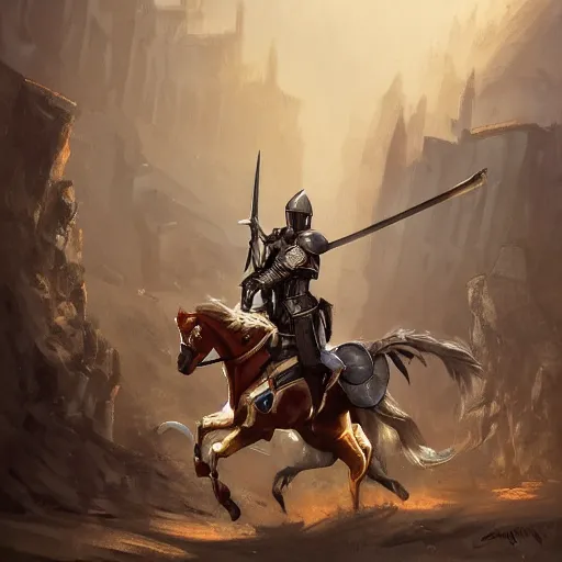 Image similar to two mounted knights tilting lances against each other in a jousting arena, art by artgerm and greg rutkowski and magali villeneuve, d & d, fantasy, highly detailed, digital painting, trending on artstation, concept art, illustration
