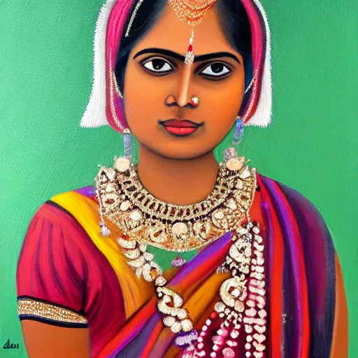 Prompt: An Indian woman in a dress with jewels wearing a bindi, oil painting, portrait