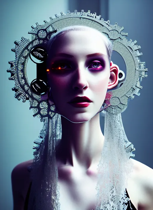 Prompt: kodak portra 4 0 0 photo portrait of a beautiful pale woman in style of tim walker, silver lace floral steampunk biomechanical, one techno eye female cyborg, big monocular, volumetric light, coloured gel light, gothic fashion, octane render, 8 k