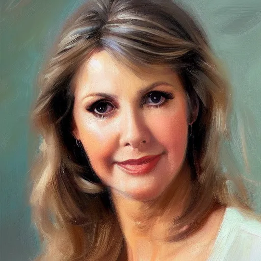 Image similar to closeup portrait of olivia newton john at age 3 0 years, evening, highly detailed and realistic oil painting, vladimir volegov, artstation