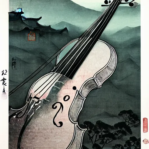 Prompt: a beautiful chinese coloerd ink painting of a cello surrended by montain and river, by Victo Ngai, Trending on artstation, light effect,detailed , high-definition,