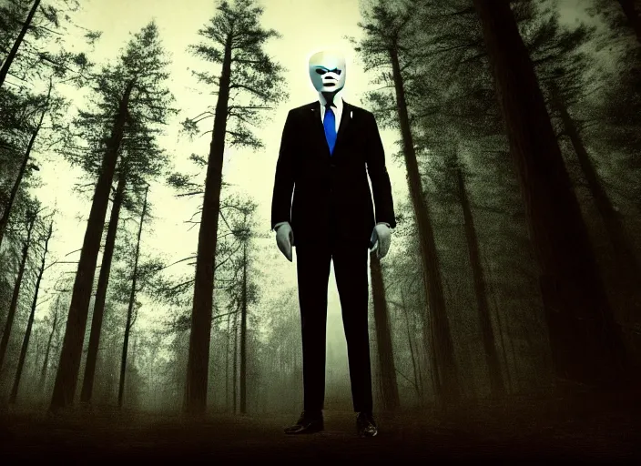 Image similar to joe biden as slenderman in forest, creepy joe biden, tall trees, night, creepy, horror, movie still, dark, haunted, cinematic lighting, ray tracing, octane render, long lens, shallow depth of field, bokeh, anamorphic lens flare, 8 k, hyper detailed, 3 5 mm film grain