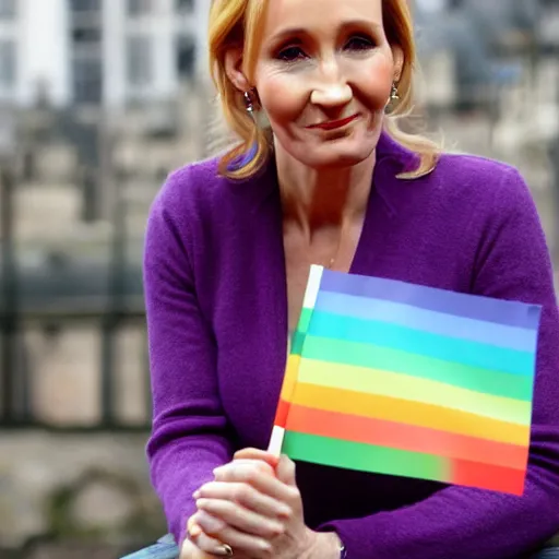 Image similar to a photo of JK Rowling holding a trans flag, flickr